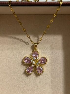 Golden Rose Pink Zirconia Flower Pendant Stainless Steel Stamped Necklace Chain